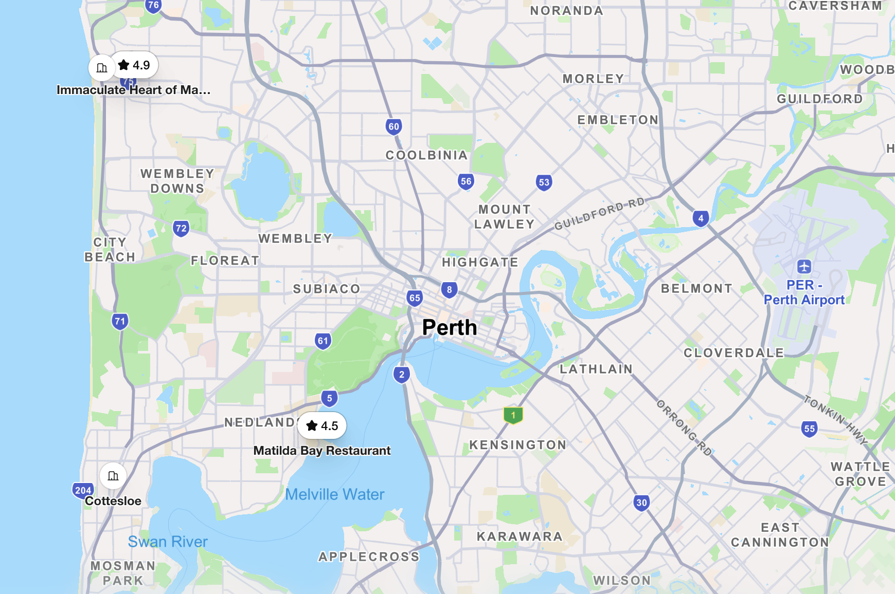Map showing the ceremony, reception, Scarborough and Cottesloe